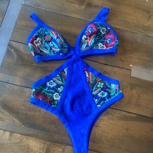 Fashion Nova Blue one piece bandage embroidered monokini one piece lingerie S